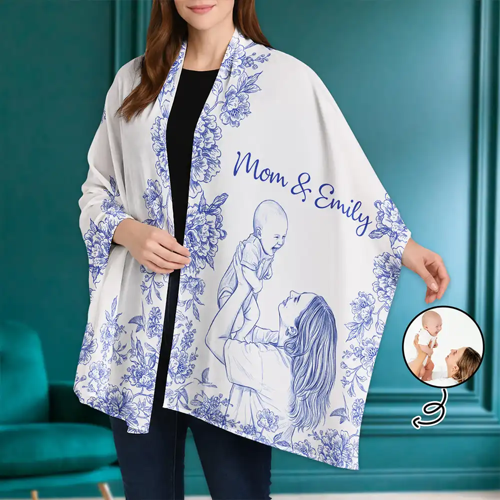 Custom Photo Pencil Sketch Mom Grandma And Kid - Personalized Lightweight Soft Shawl