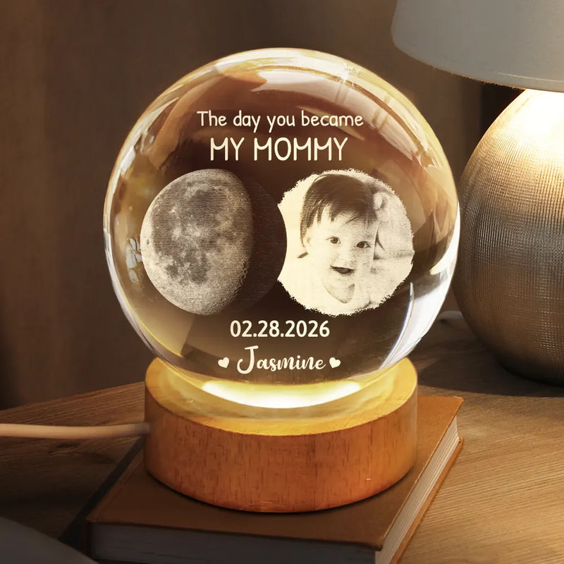 Custom Photo,New Mom,New baby,Happy - Custom Photo Moon Phase The Night You Became My Mom - Personalized Crystal Globe Lamp