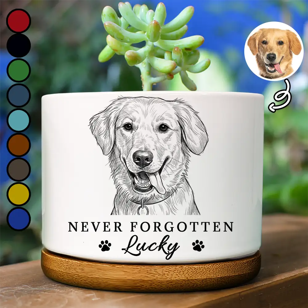 Custom Photo Pencil Sketch Pet Memorial Never Forgotten - Personalized Ceramic Plant Pot