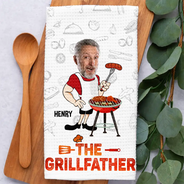 Gift For Father,Grilling,Dad's Hobby,Non-Eng,Photo,Humorous - Custom Photo Grilling Stand Back Daddy Is Cooking - Personalized Kitchen Towel