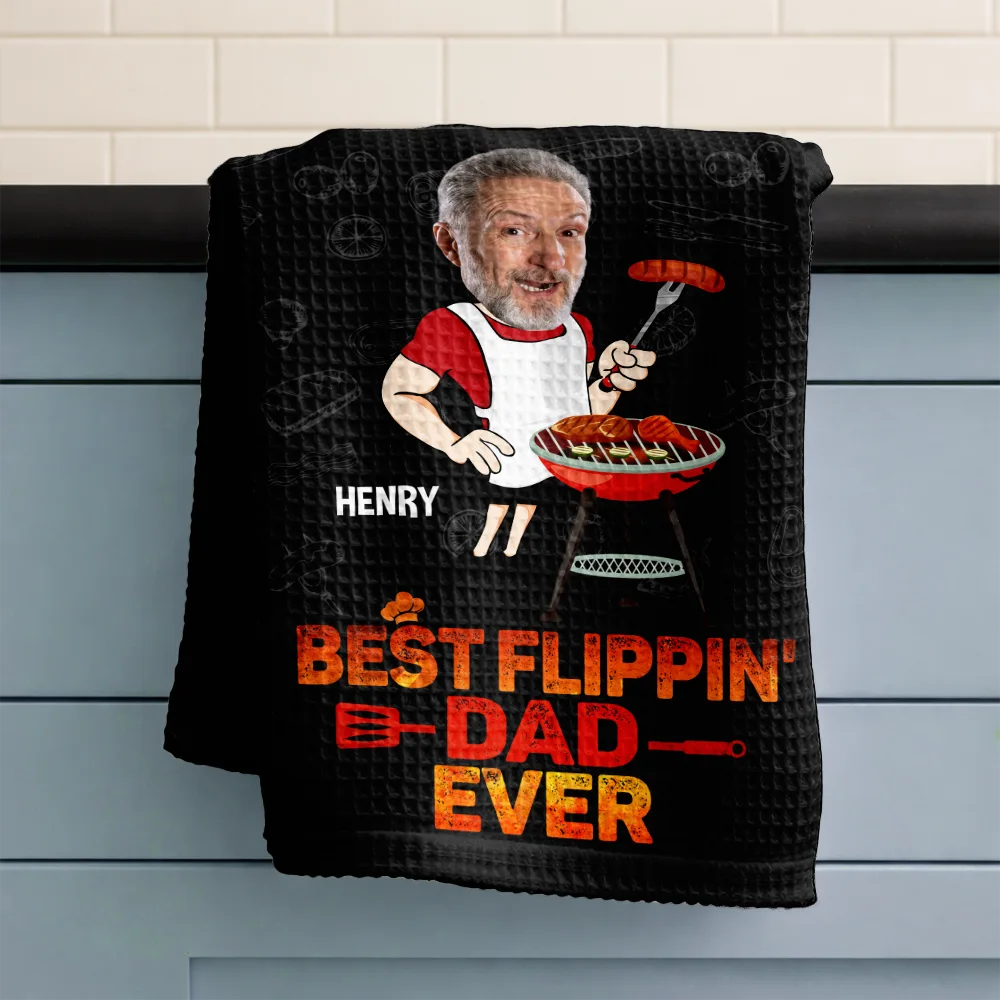Gift For Father,Grilling,Dad's Hobby,Non-Eng,Photo,Humorous - Custom Photo Grilling Stand Back Daddy Is Cooking - Personalized Kitchen Towel