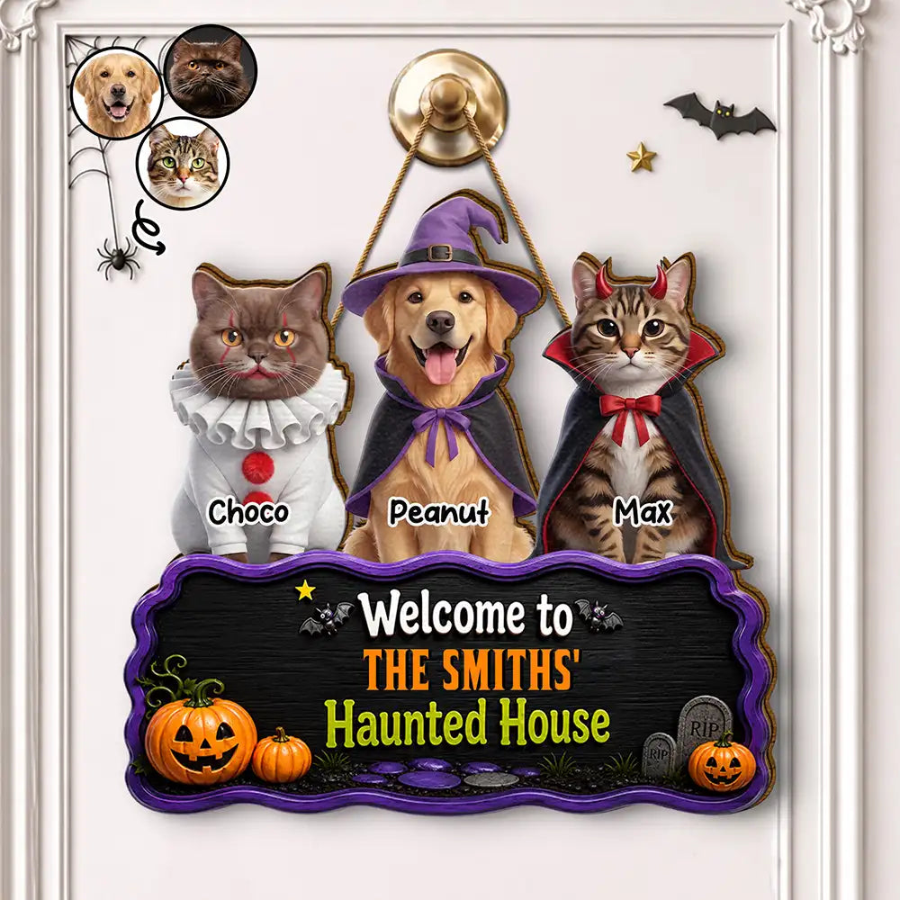 Custom Photo 3D Halloween Themed Pet Welcome To Haunted House - Personalized Custom Shaped Wood Sign