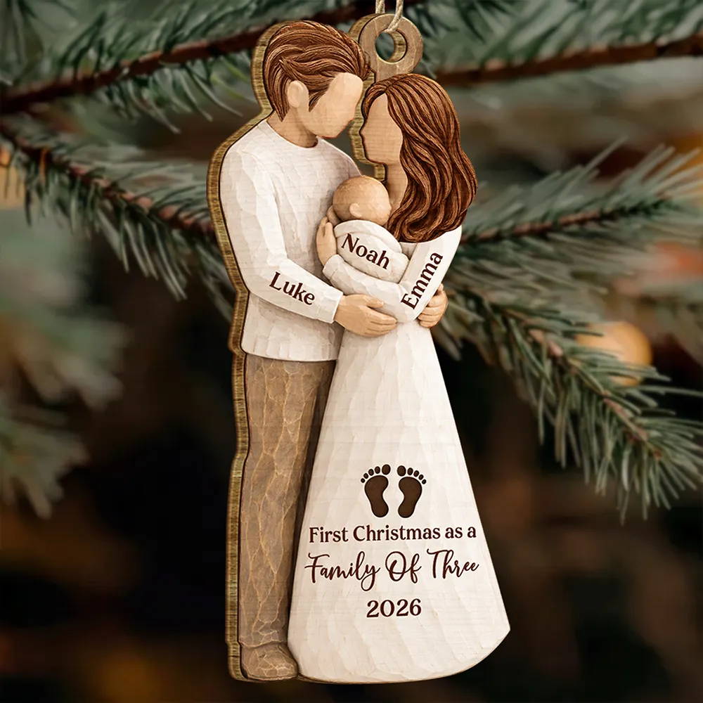 First Christmas Gift For New Parents - Personalized Family Of Three Wooden Ornament