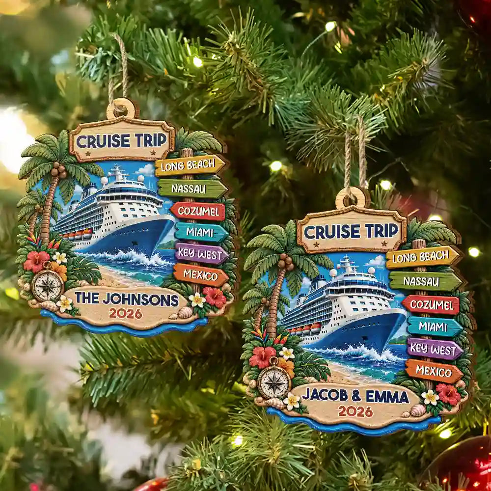 Christmas,Cruising,Family,Happy,Icon - Cruise Lover Gift - Personalized Family Vacation Wooden Ornament