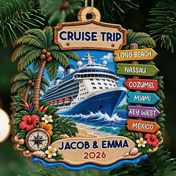 Christmas,Cruising,Family,Happy,Icon - Cruise Lover Gift - Personalized Family Vacation Wooden Ornament