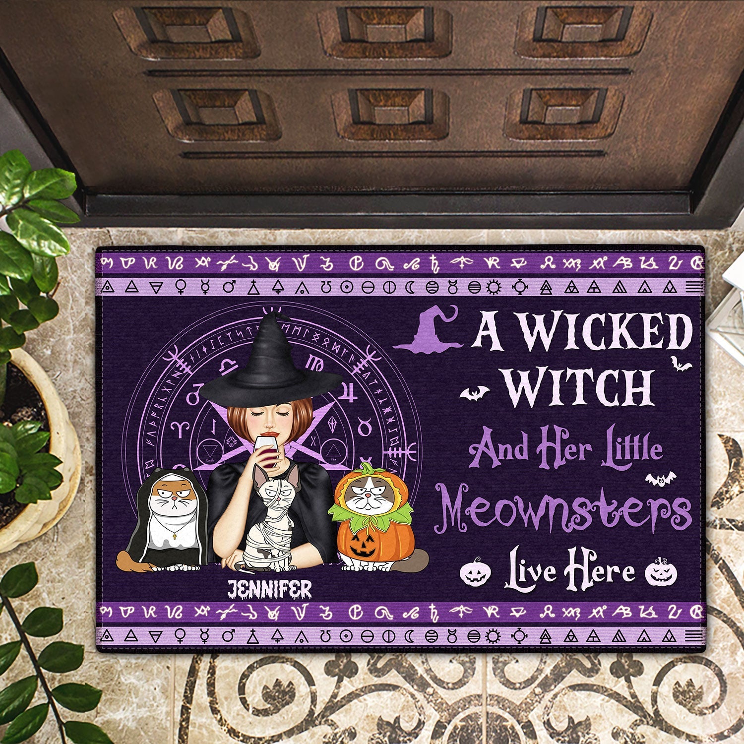 A Wicked Witch And Her Little Meownsters Live Here - Halloween Home Decor Gift For Cat Lovers, Women, Yourself - Personalized Doormat