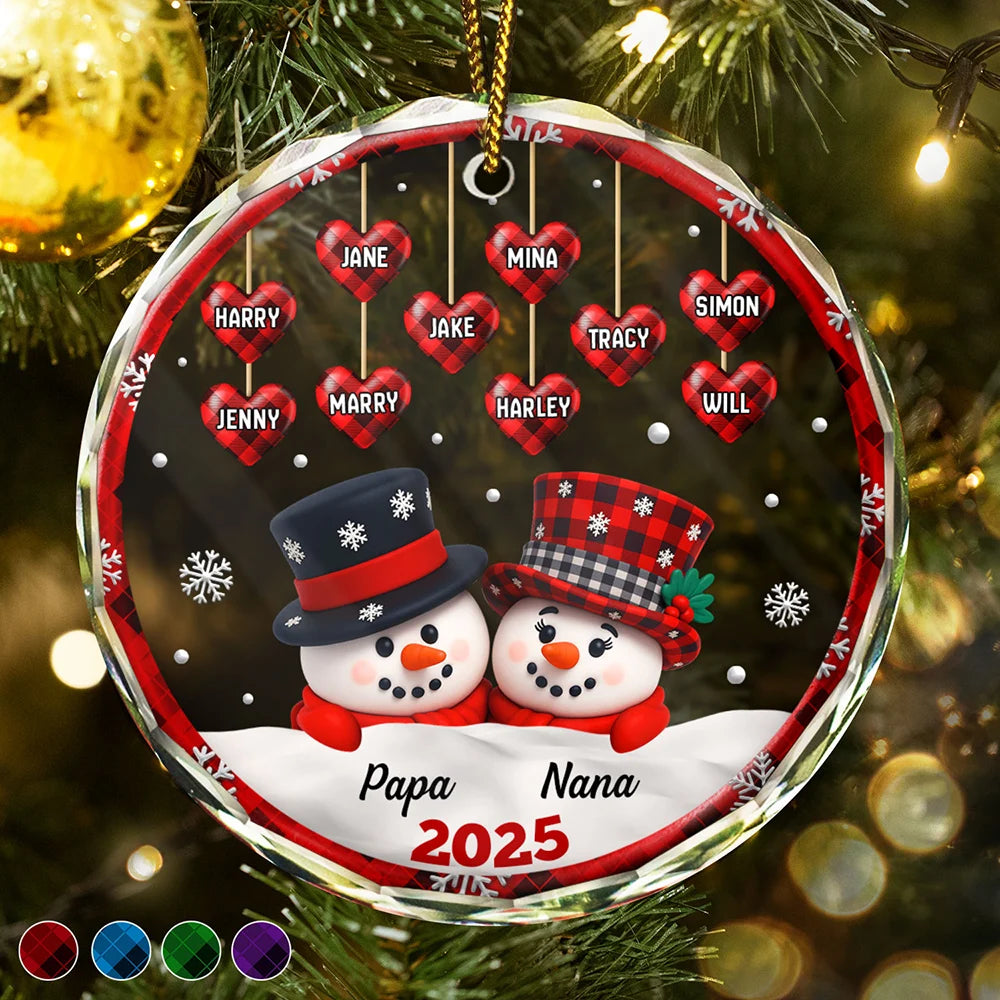 Papa Nana Snowman Christmas Grandparents 3D Effect - Personalized Circle Glass Ornament