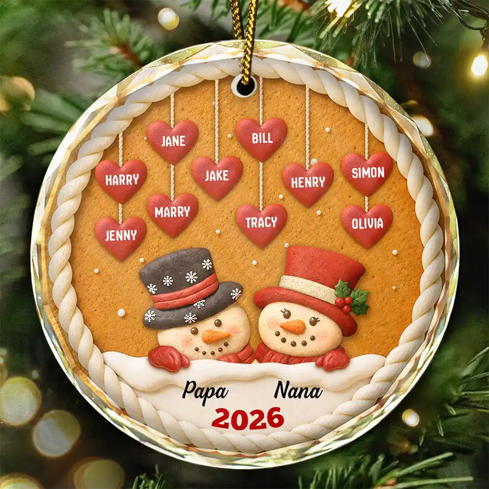 Papa Nana Snowman Christmas Grandparents Cookie - Personalized Circle Glass Ornament