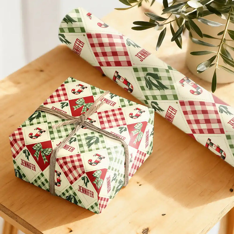 Family,Gift For Bestie,Happy - Patchwork Initial Custom Name With Bow And Plaid - Personalized Wrapping Paper