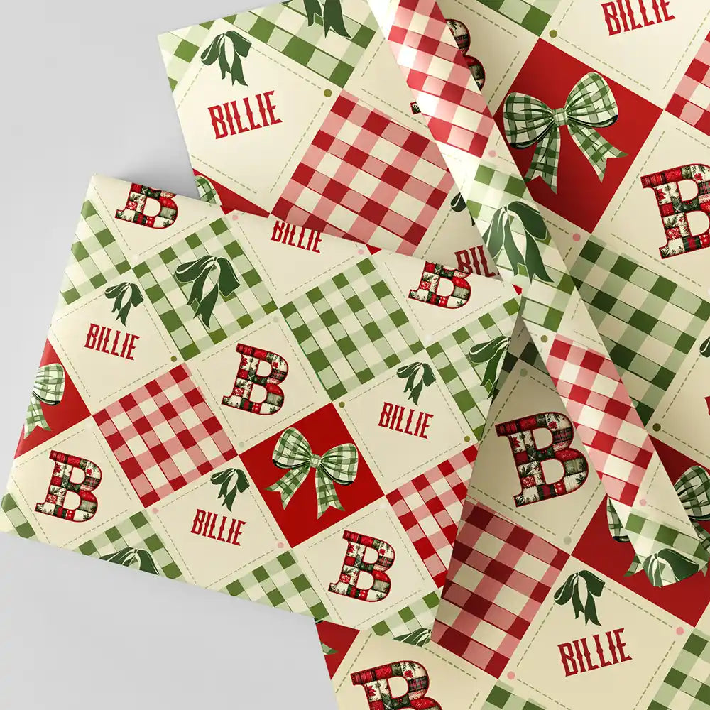 Patchwork Initial Custom Name With Bow And Plaid - Personalized Wrapping Paper