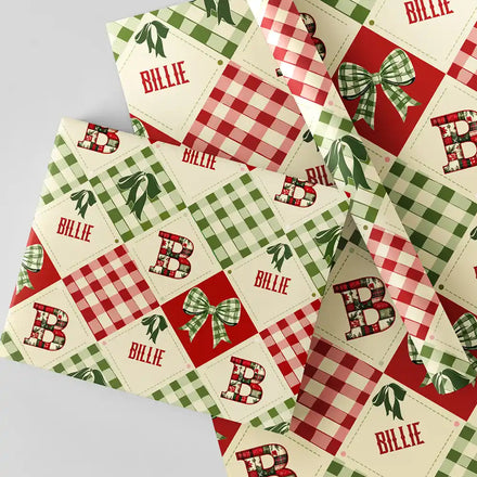 Patchwork Initial Custom Name With Bow And Plaid - Personalized Wrapping Paper