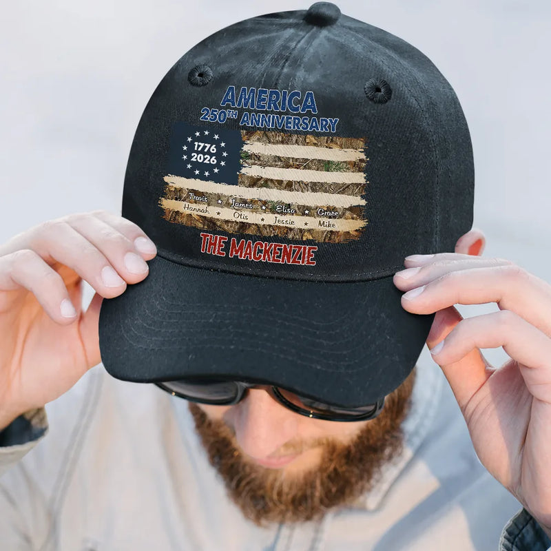 Independence Day,Family,Proud,Custom Text - Patriotic 250th Anniversary Family Names - Personalized Vintage Washed Denim Cap