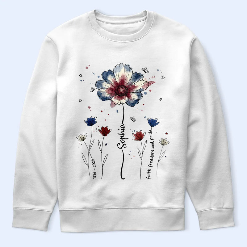 America 250th,Independence Day,Gift For Yourself,Proud,Icon - Patriotic Birth Flower Faith Freedom Pride - Personalized T Shirt