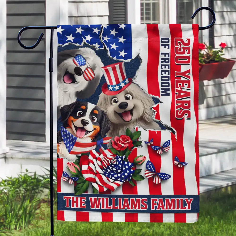 America 250th, Independence Day, Pet Lovers, Playful, Vector - Patriotic Dog Cat 250 Years Of Freedom - Personalized Flag