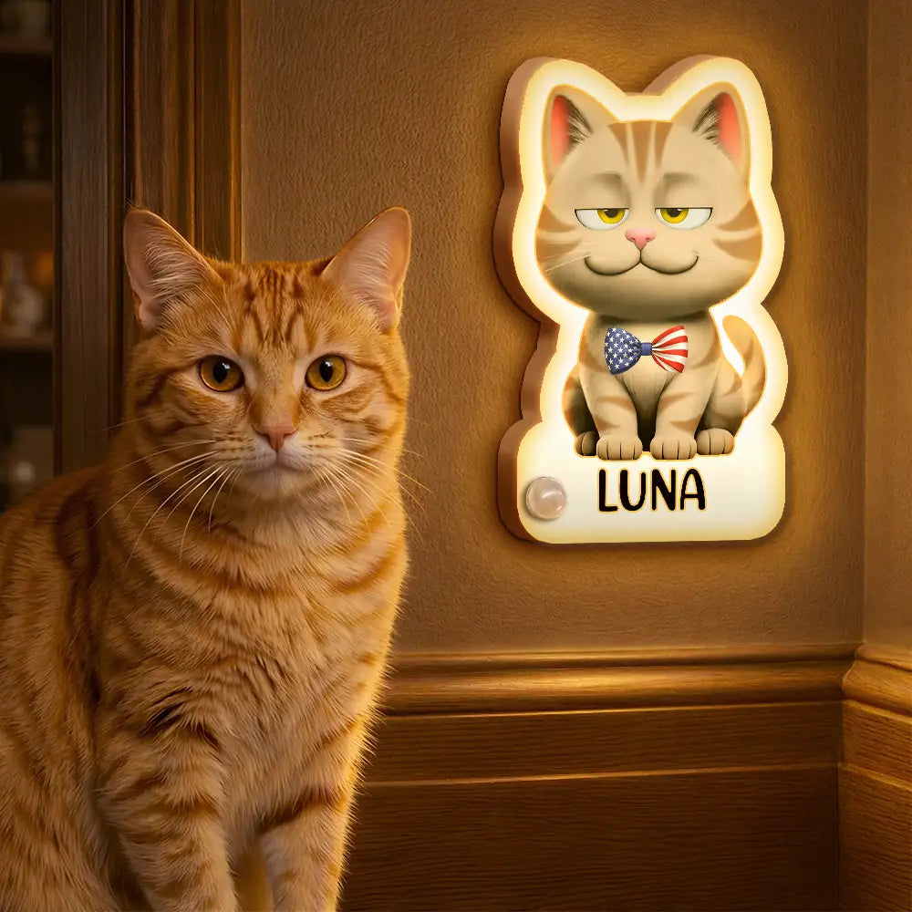 Independence Day,Pet Lovers,Playful,Vector - Patriotic Dog Cat With Name - Personalized Motion Sensor Night Light