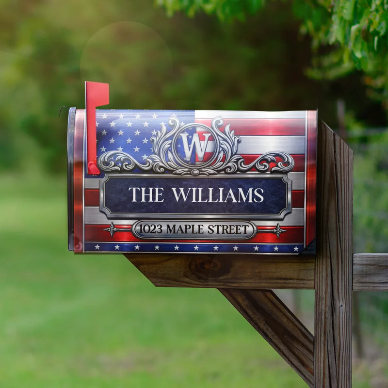 Family,Independence Day,America 250th,Happy - Patriotic Faux Metal Family Monogram - Personalized Mailbox Cover