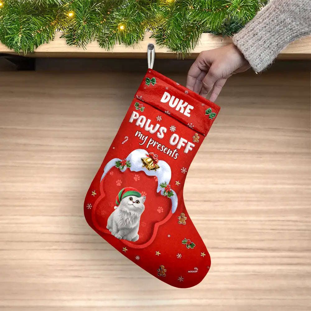 Dog Lovers, Dog Mom, Dog Dad, Dog Couple, Christmas, Happy - Paws Off My Presents 3D Effect Christmas Dog - Personalized Christmas Stocking