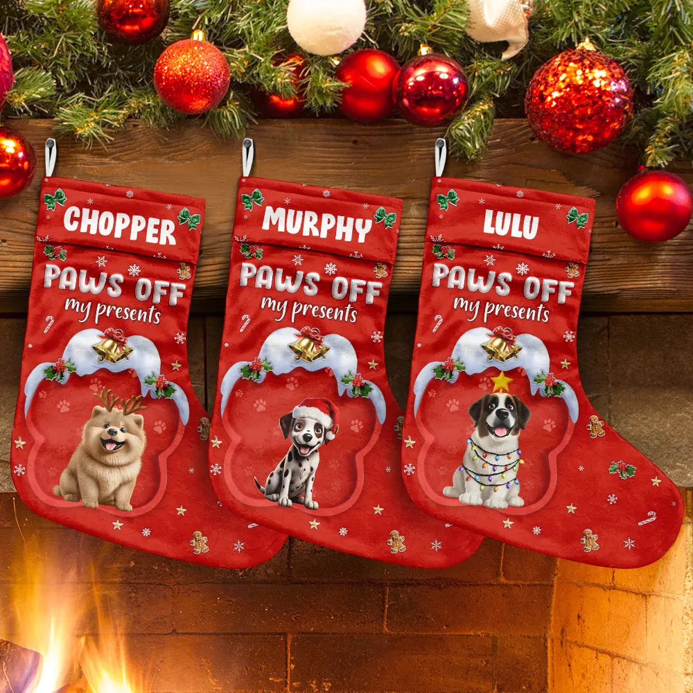 Dog Lovers, Dog Mom, Dog Dad, Dog Couple, Christmas, Happy - Paws Off My Presents 3D Effect Christmas Dog - Personalized Christmas Stocking