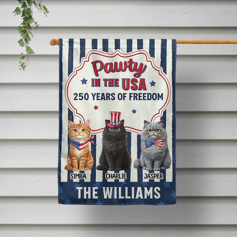 Funny,Cat Lovers,Pet Lovers,Independence Day,America 250th,Dog Lovers - Pawty In The USA 250 Years Of Freedom Retro Dog Cat - Personalized Flag