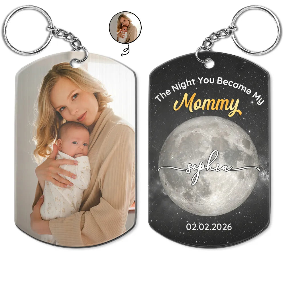 Moon Phase Custom Photo The Night You Became My Mommy - Personalized Aluminum Keychain