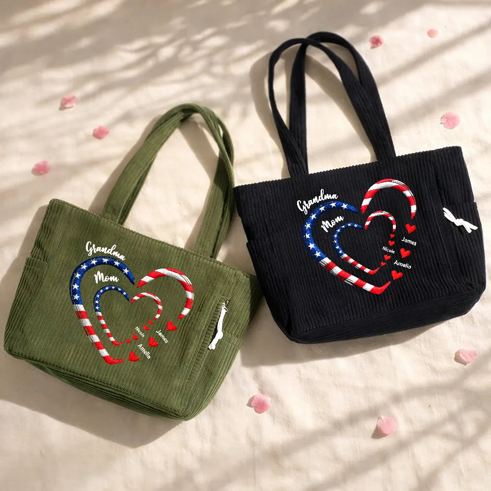 Happy,Gift For Wife,Gift For Yourself,Gift For Women,Gift For Mother,Gift For Grandma - Patriotic Mom And Grandma Sweethearts Embroidery Effect Prints - Personalized Corduroy Tote Bag