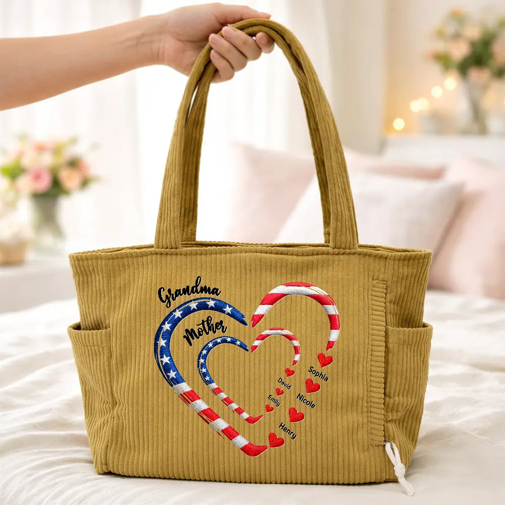 Happy,Gift For Wife,Gift For Yourself,Gift For Women,Gift For Mother,Gift For Grandma - Patriotic Mom And Grandma Sweethearts Embroidery Effect Prints - Personalized Corduroy Tote Bag