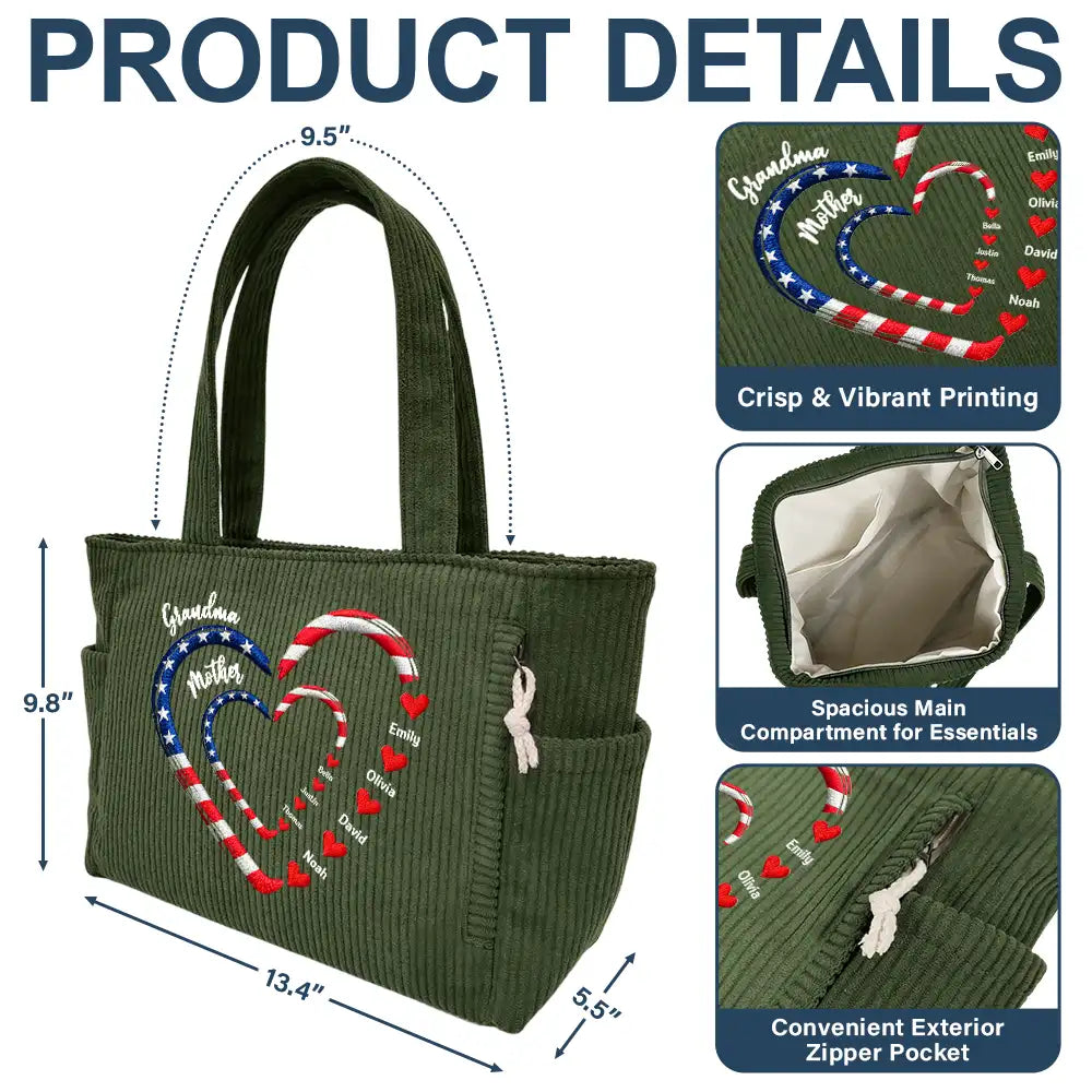 Happy,Gift For Wife,Gift For Yourself,Gift For Women,Gift For Mother,Gift For Grandma - Patriotic Mom And Grandma Sweethearts Embroidery Effect Prints - Personalized Corduroy Tote Bag