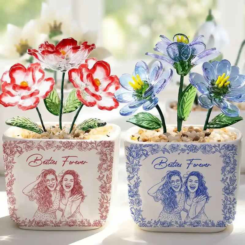 Gift For Bestie,Old Best friends,Love - Custom Photo Pencil Sketch A True Friendship Is A Journey Without An End - Personalized Glass Flower Plant Pot