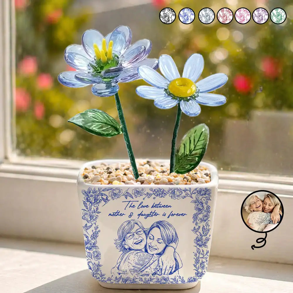Custom Photo Pencil Sketch The Love Between Mother & Daughter Is Forever - Personalized Glass Flower Plant Pot
