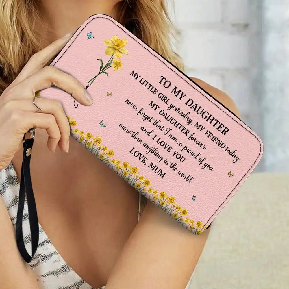 Gift For Daughter,Gift For Women,Happy,Gift For Grandkids - Faux Pressed Birth Flower My Daughter Forever - Personalized Leather Long Wallet
