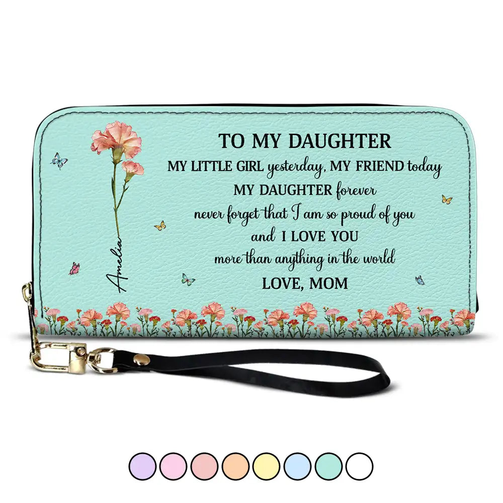 Gift For Daughter,Gift For Women,Happy,Gift For Grandkids - Faux Pressed Birth Flower My Daughter Forever - Personalized Leather Long Wallet