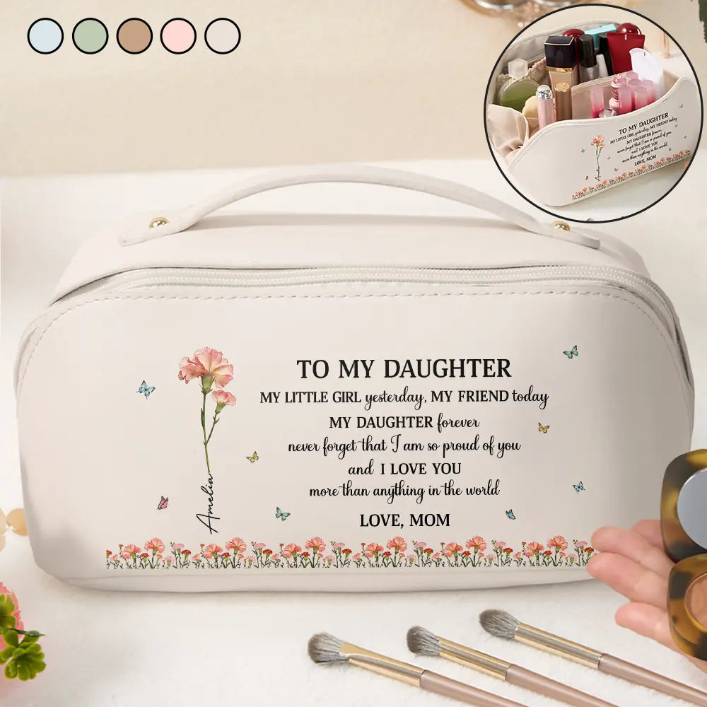 Gift For Daughter,Gift For Women,Happy,Gift For Grandkids - Faux Pressed Birth Flower My Daughter Forever - Personalized Leather Makeup Bag