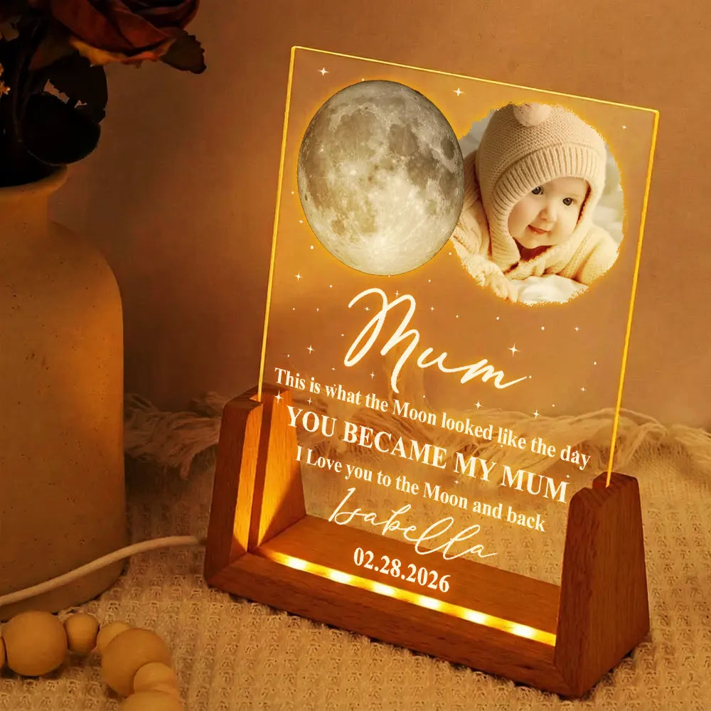 Gift For Mother,New Mom,New baby,Happy - Moon Phase Custom Photo The Moon The Day You Became My Mom - Personalized Night Light