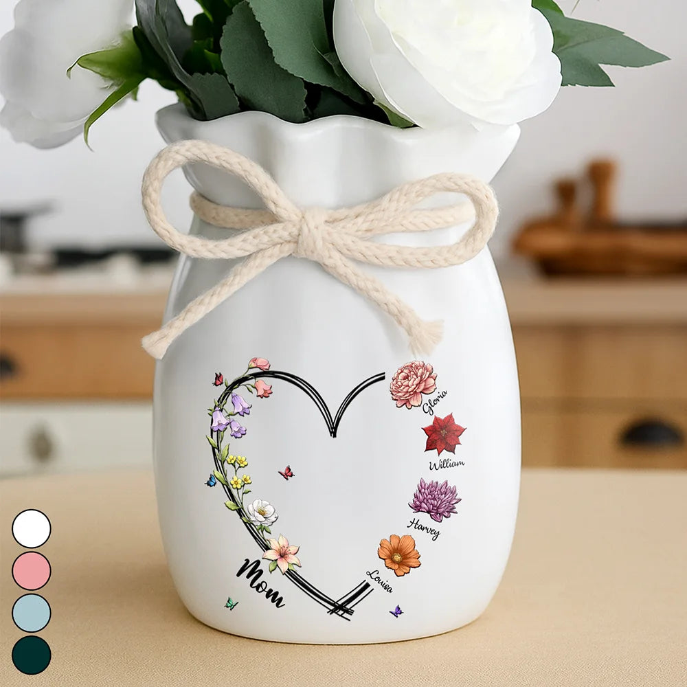 Mom Grandma Sweetheart Birth Month Flower - Personalized Ribbon Tie Flower Vase