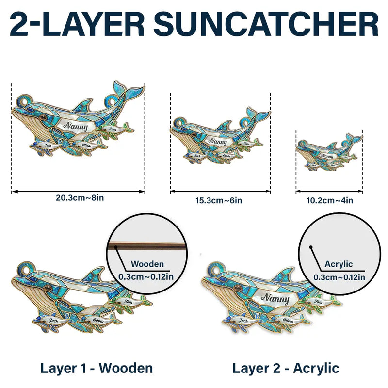 Gift For Grandma,Grandma - Grandkids,Happy,Icon - Dolphin Mom Grandma Stained Glass Effect - Personalized Window Hanging Suncatcher Ornament