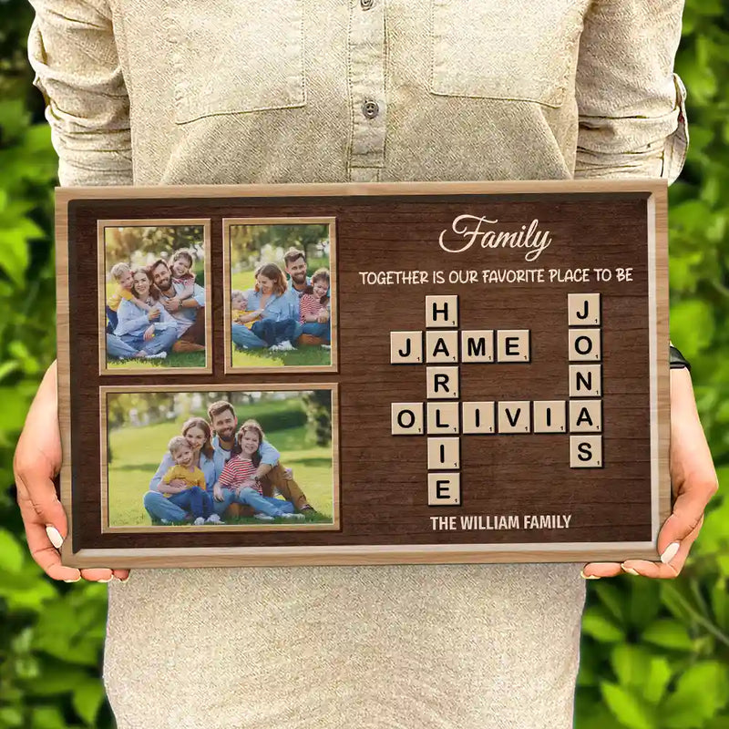 Family,Happy,Parents,Gift For Mother,Gift For Father,Gift For Women,Gift For Men,Gift For Grandpa,Gift For Grandma - Custom Photo Crossword Family Life Begins And Love Never Ends - Personalized Wood Rectangle Sign