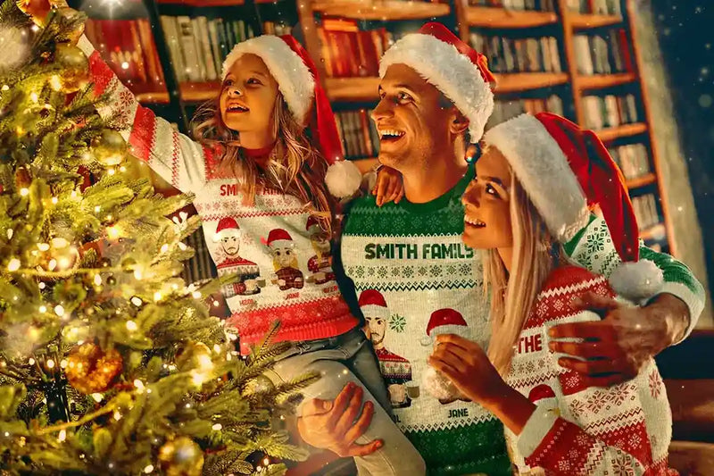 Four people wearing Christmas-themed sweaters decorating Christmas tree