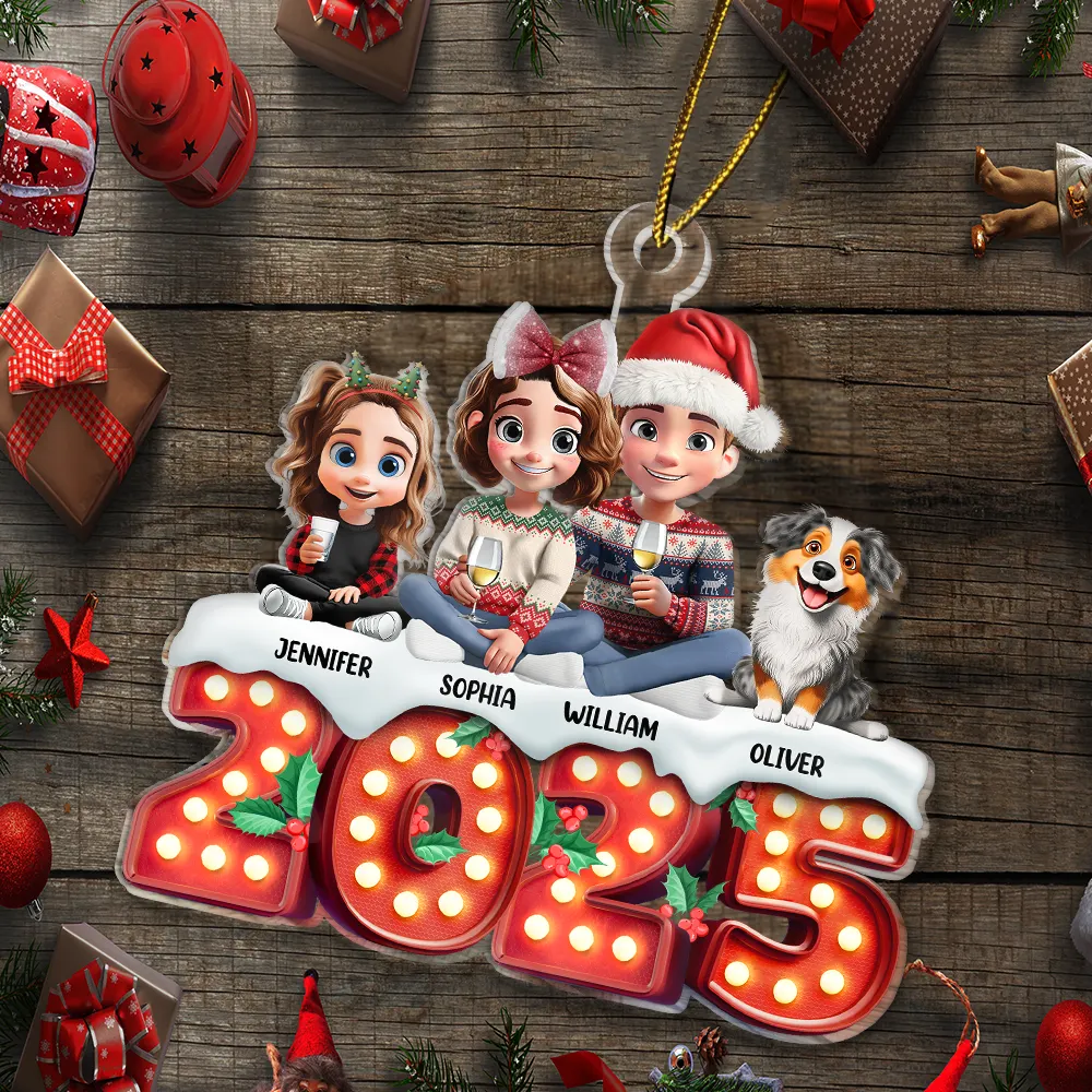 Christmas, Pet Lovers, Pet Couple, Happy - Pet Couple Sitting Marquee Effect - Personalized Custom Shaped Acrylic Ornament