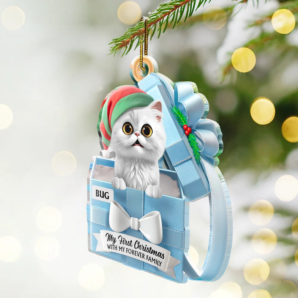 Christmas, Pet Lovers, Cat Lovers, Dog Lovers, Happy - Pet First Christmas, Gift Reveals, Gift Box 3D Effect - Personalized Custom Shaped Acrylic Ornament