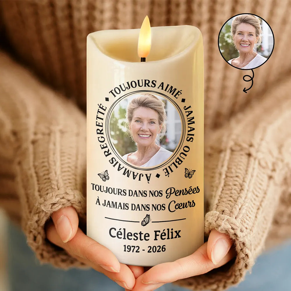 Gift For Yourself,Gift For Women,Gift For Men,Memorial,Sad,French,Non-Eng,Photo,Sympathetic - Photo Personnalisable À Jamais Dans Nos Cœurs - Bougie LED Sans Flamme Personnalisée