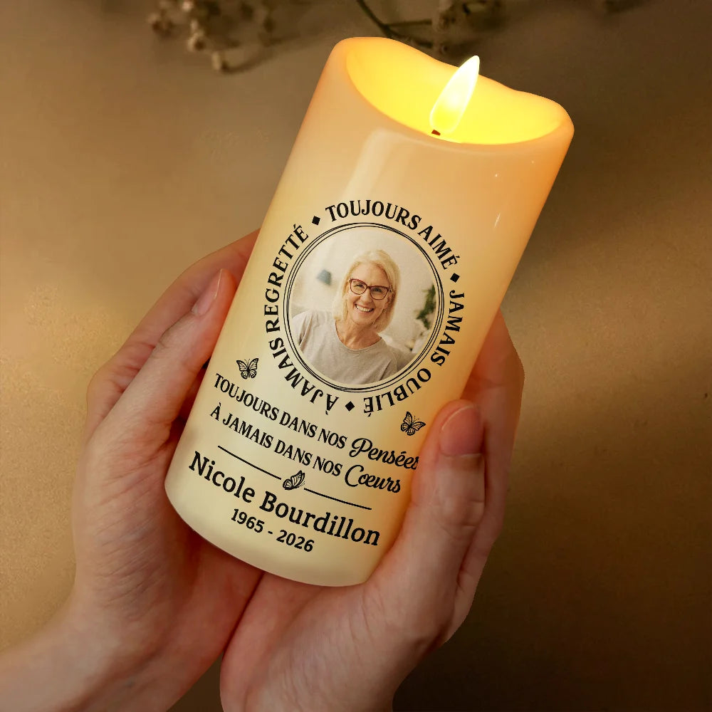 Gift For Yourself,Gift For Women,Gift For Men,Memorial,Sad,French,Non-Eng,Photo,Sympathetic - Photo Personnalisable À Jamais Dans Nos Cœurs - Bougie LED Sans Flamme Personnalisée