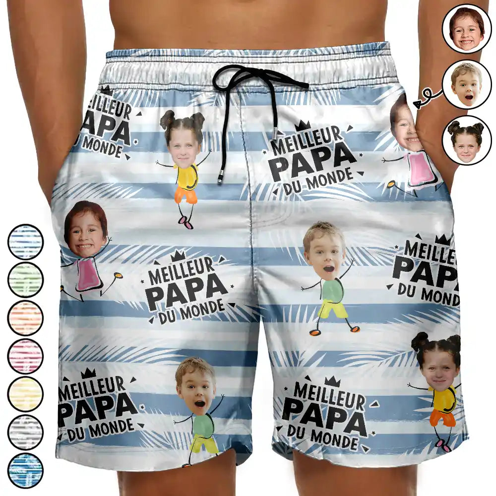 Gift For Husband,Parents,Gift For Yourself,Gift For Men,Gift For Grandpa,Gift For Father,French,Custom Photo,Happy,Summer,Beach,Gift For Grandparents,Non-Eng,Photo,Icon,Playful - Photo Personnalisable Meilleur Papa Du Monde - Shorts De Plage Unisexes Personnalisés