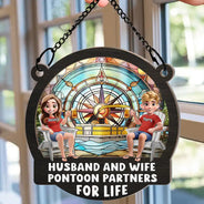 Gift For Couples, Gift For Husband, Gift For Wife, Gift For Boyfriend, Gift For Girlfriend, Happy, Pontoon - Pontoon Partners For Life - Personalized Window Hanging Suncatcher Ornament