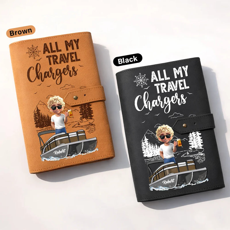 Pontoon,Gift For Women,Gift For Men,Happy,Travel - Pontoon Woman Man All My Charging Sh*t - Personalized Leather Cable Bag