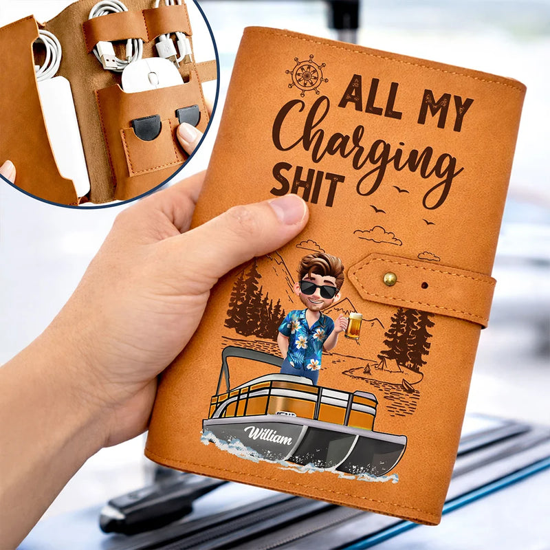 Pontoon,Gift For Women,Gift For Men,Happy,Travel - Pontoon Woman Man All My Charging Sh*t - Personalized Leather Cable Bag