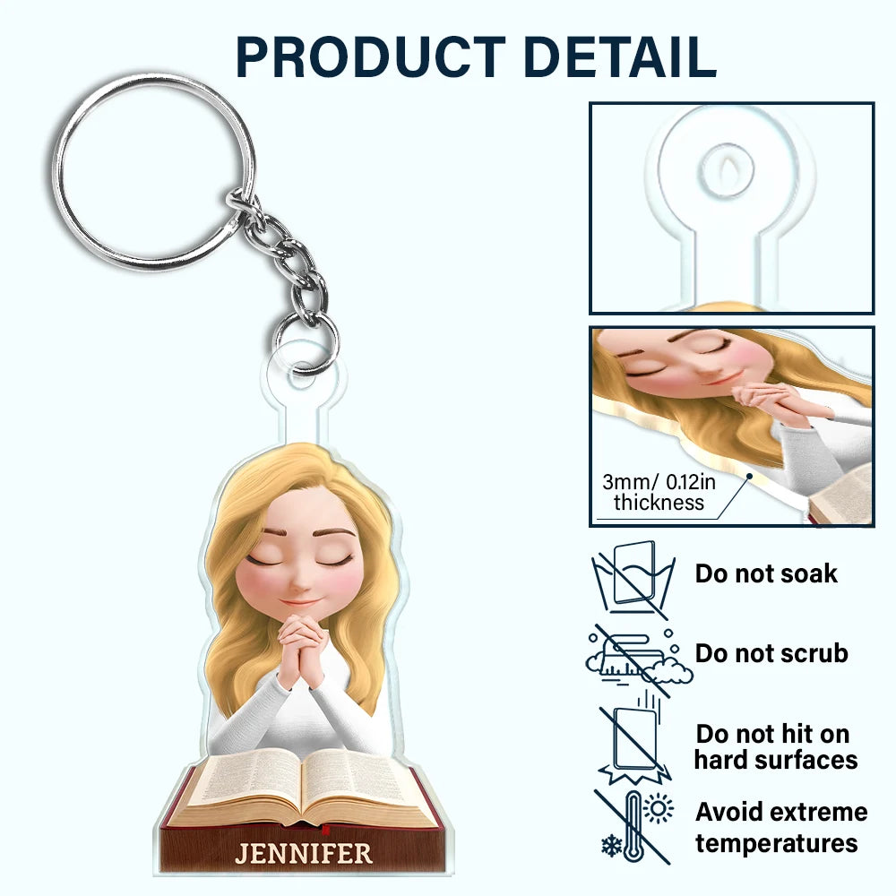 Christian,Gift For Women,Gift For Yourself - Praying Woman Girl With Open Bible - Personalized Acrylic Keychain