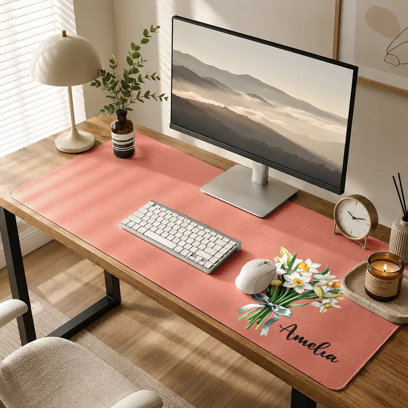 Back To School, Teacher, Cozy, Icon - Pretty Birth Month Flower & Name Gift For Her Teachers Friends Coworkers - Personalized Leather Desk Mat