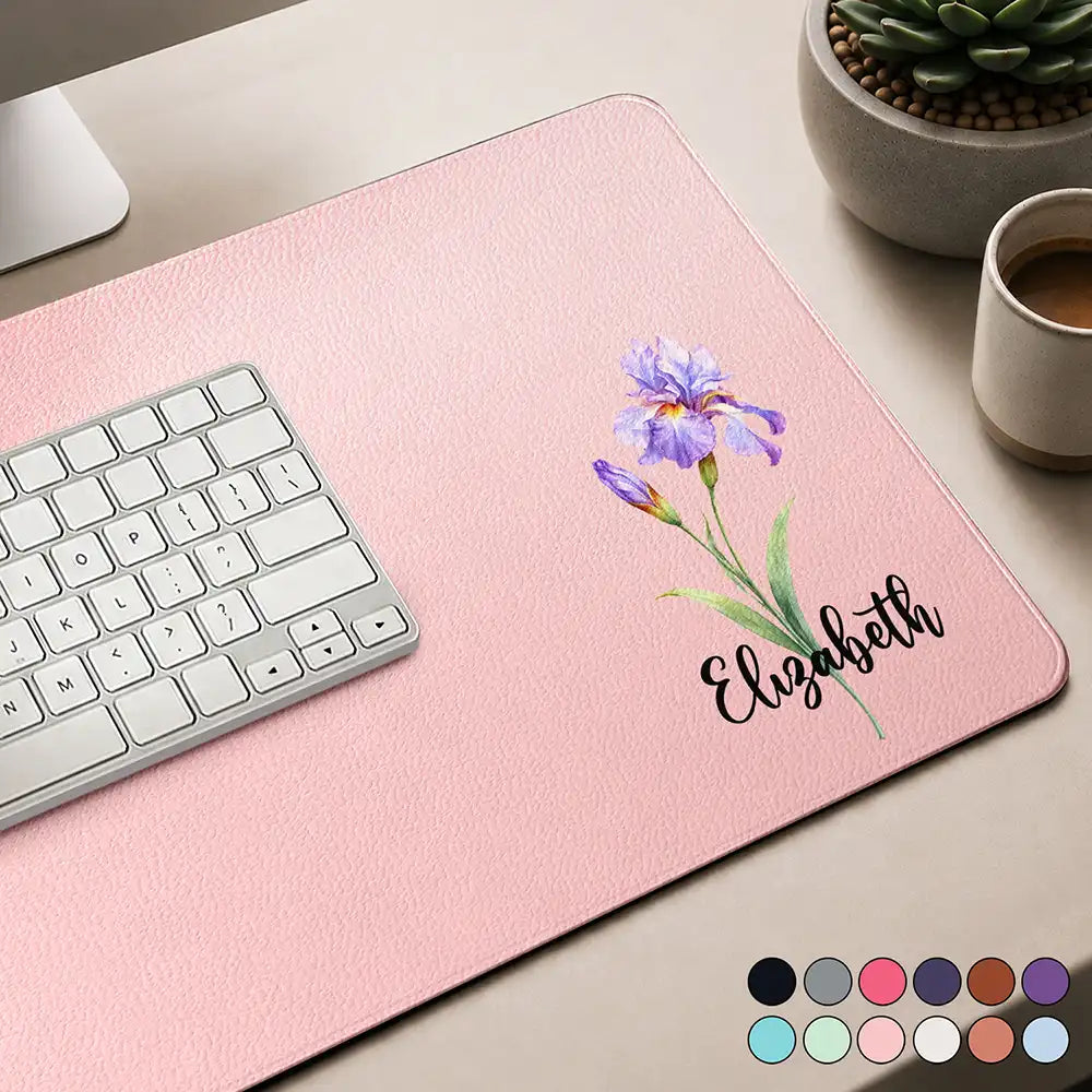 Pretty Birth Month Flower & Name Gift For Her Teachers Friends Coworkers - Personalized Leather Desk Mat