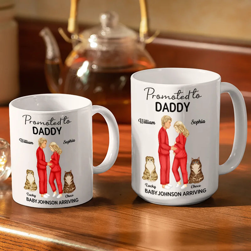 New Dad,New baby,New Mom,Happy - Promoted To Mommy & Daddy Baby Arriving - Personalized White Edge-to-Edge Mug