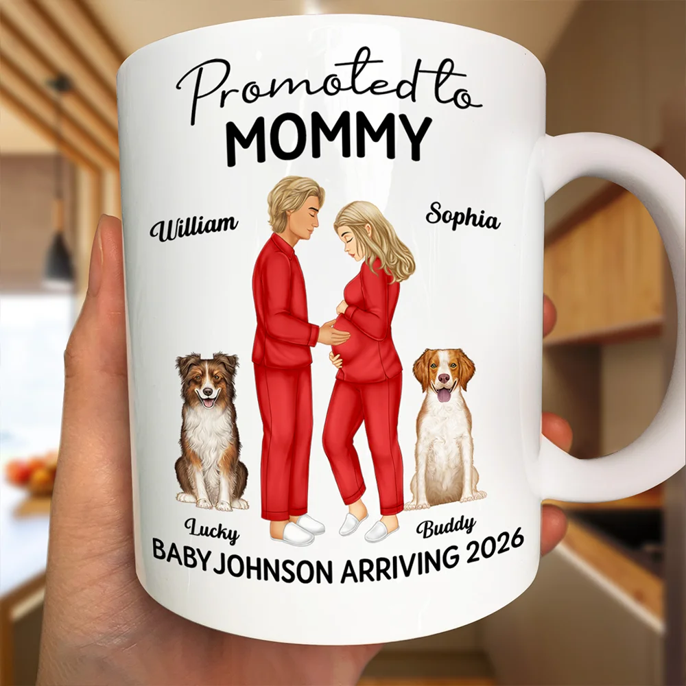 New Dad,New baby,New Mom,Happy - Promoted To Mommy & Daddy Baby Arriving - Personalized White Edge-to-Edge Mug